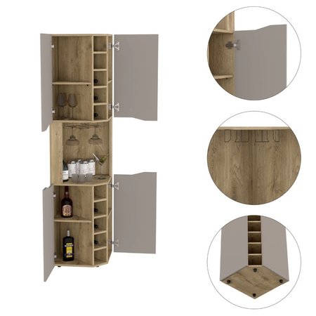Tuhome Obregon Corner Bar Cabinet, Ten Built-in Wine Rack, Single Door, Aged Oak/Taupe BMT7767